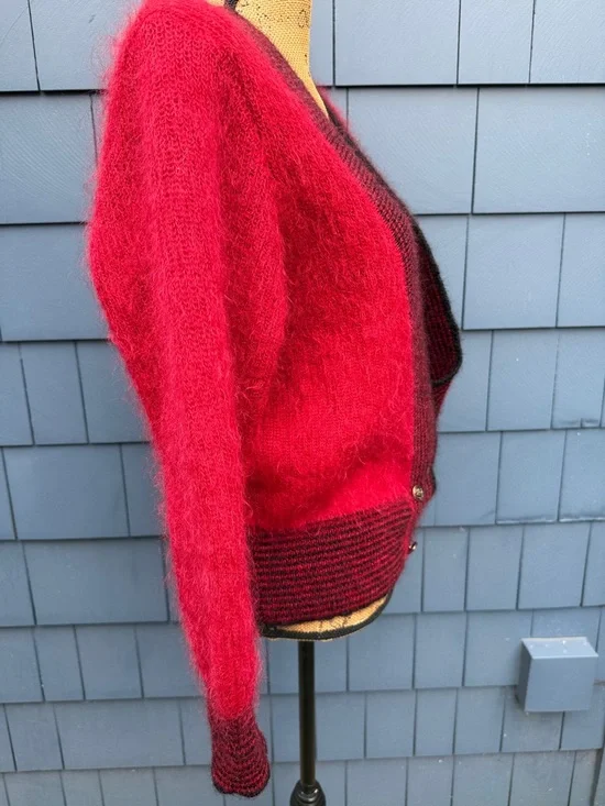 Vintage Red Fuzzy Cardigan with Black Trim Dar Genie Mohair blend med - Picture 3 of 7